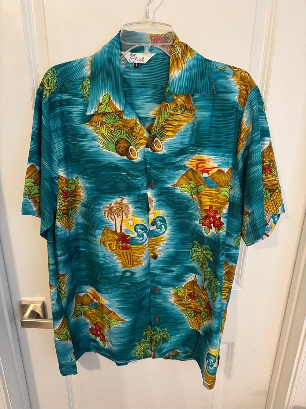Men's Teal Island-Print Short-Sleeve Button-Down Shirt